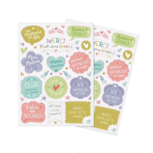 Gommettes merci maîtresse - 74 pièces - de 0,60 à  7,5 cm