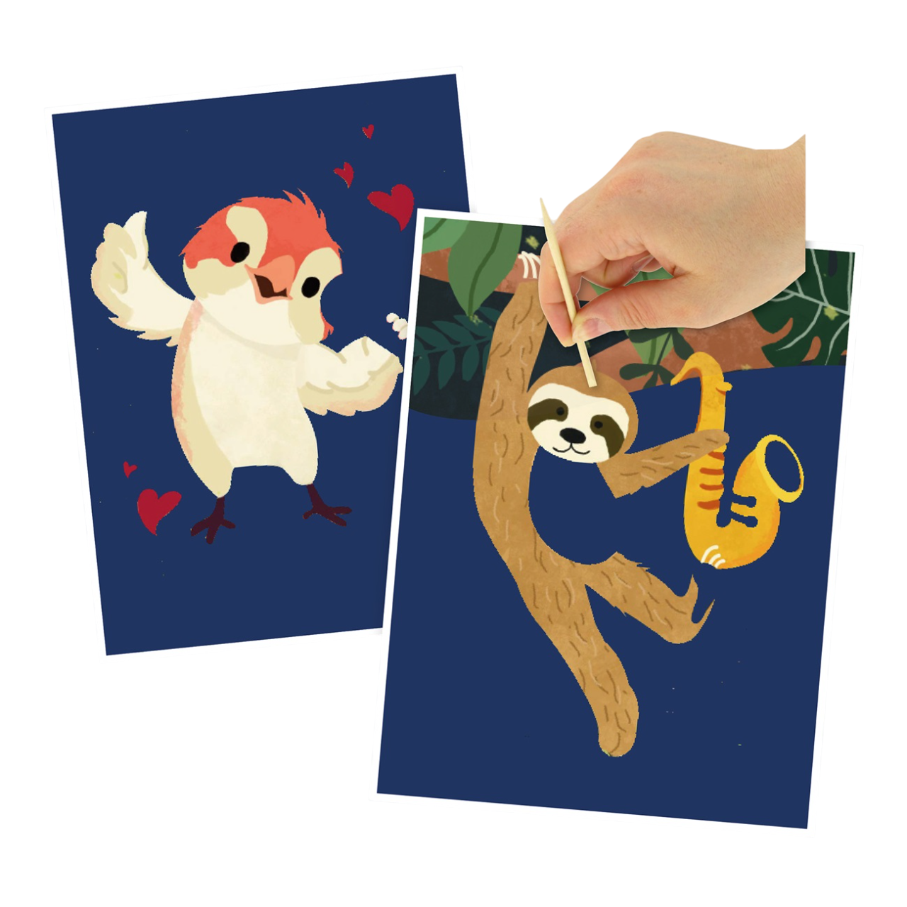 Kit cartes à gratter animaux chanteurs avec 2 cartes 15x20 cm et grattoir