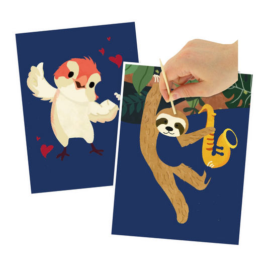 Kit cartes à gratter animaux chanteurs avec 2 cartes 15x20 cm et grattoir