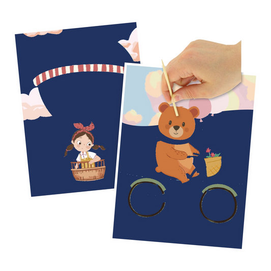 Kit cartes à gratter Petite fille et ours avec 2 cartes 15x20 cm et grattoir. Canocea France