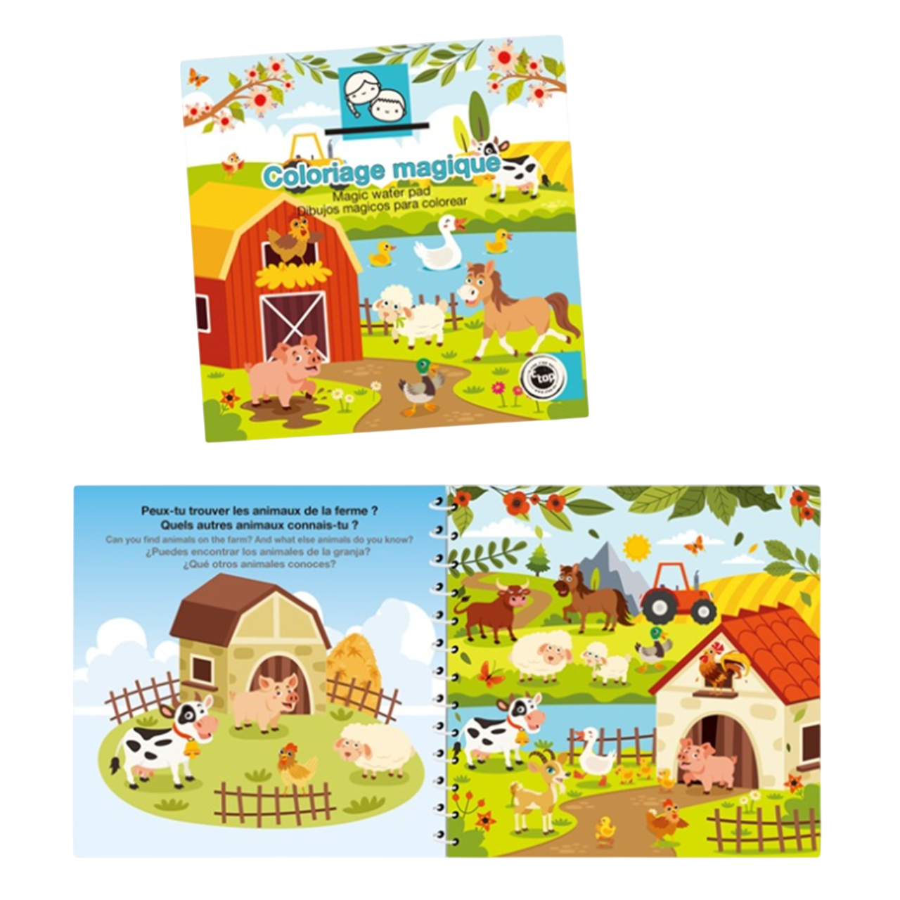 Carnet de coloriage magique Dans la ferme avec 10 pages et stylo à eau, format 16 x 16 cm. Canocea France