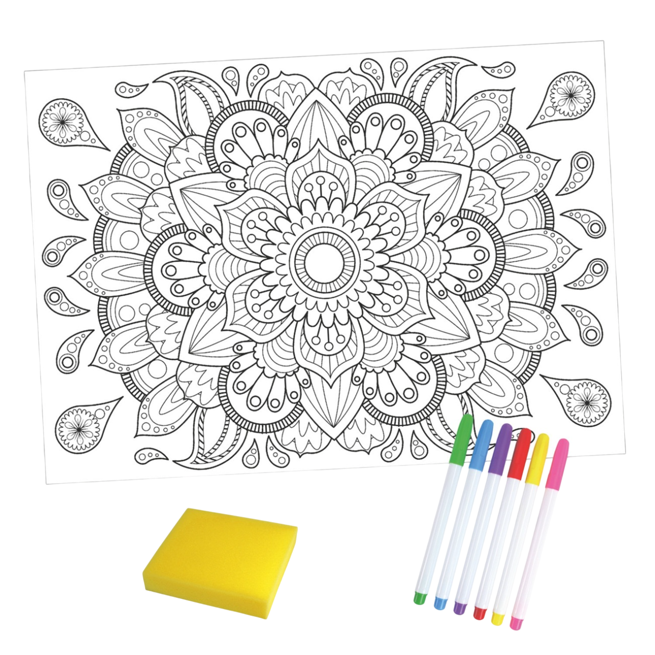 Kit Coloriage magique Mandala - set table silicone  + 6 feutres + éponge- 29,7 x 42 cm -personnalisable