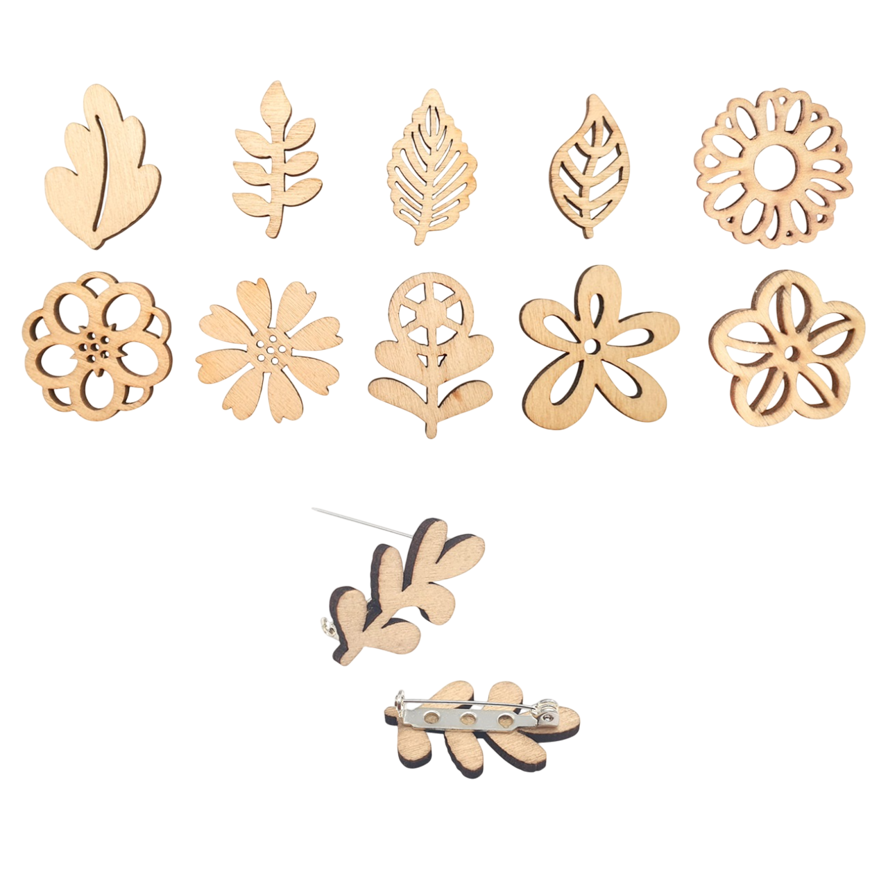 Embellissements fleurs et feuilles bois naturel 30 pièces DIY. Canocea France