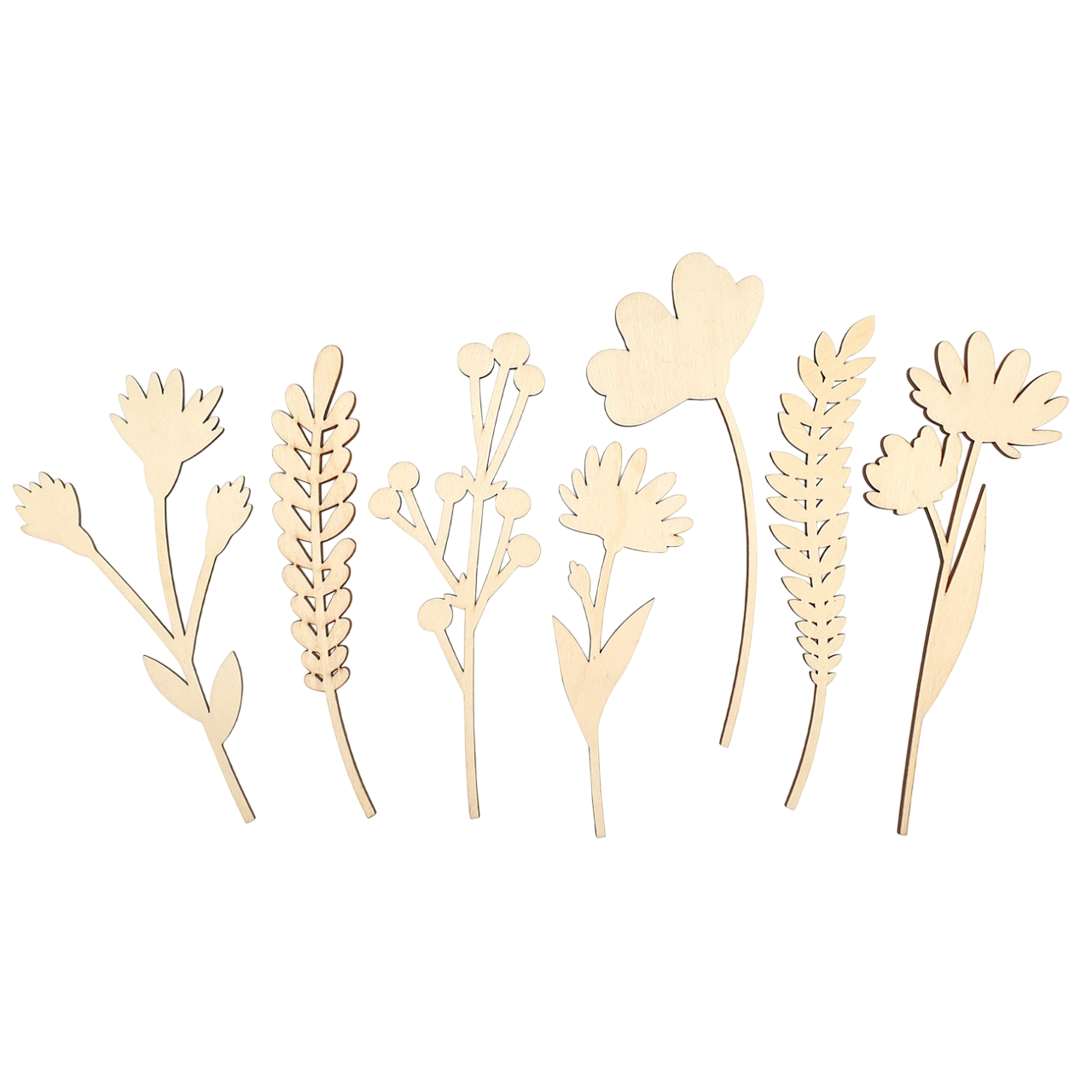 Embellissements fleurs bois naturel silhouettes 7 pièces H21 cm. Canocea France