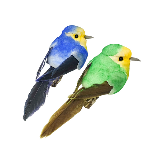 Oiseaux décoratifs avec pince bleu et vert - Lot de 2 pour déco. Canocea France