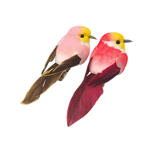 Oiseaux décoratifs avec pince rose et rouge - Lot de 2 pour déco. Canocea France
