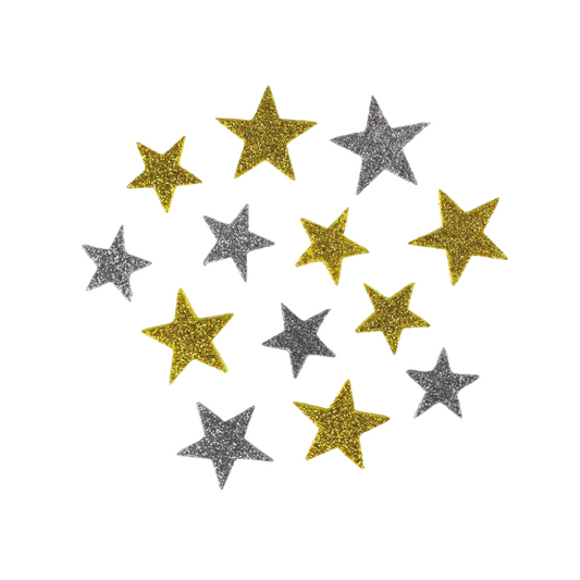 Stickers adhésifs étoiles - dorés et argenté en mousse  - 72 pièces - de 2 à 3 cm