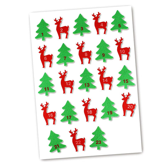 Stickers adhésifs 24 chiffres de 1 à 24 - rennes et sapins - feutrine - de 5,5 à 6 cm