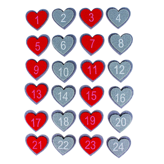 Stickers adhésifs cœurs numérotés de 1 à 24 - feutrine rouge et gris - de 4 x 4,5 cm