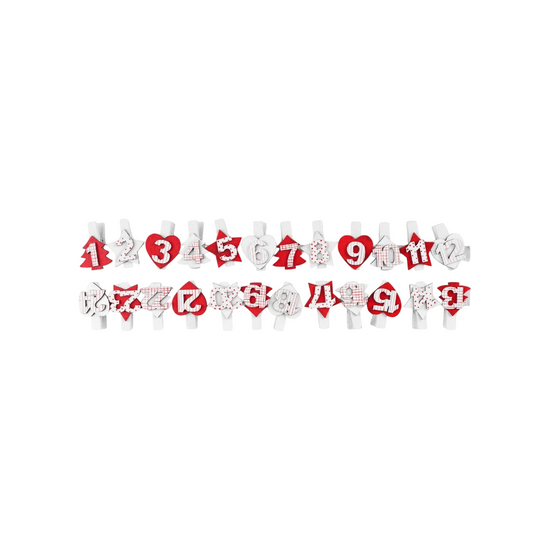 Pinces à linge en bois rouge et blanc avec chiffres pour calendrier de l’Avent, 24 pièces, 3,5 cm - canocea
