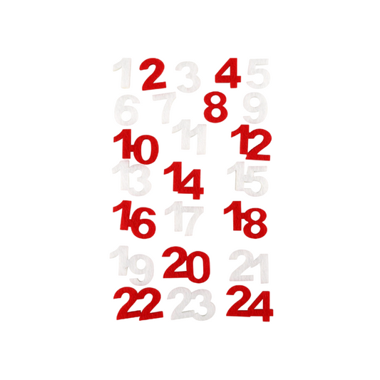 Stickers adhésifs 24 chiffres de 1 à 24 - feutrine rouge et blanc - de 2 cm