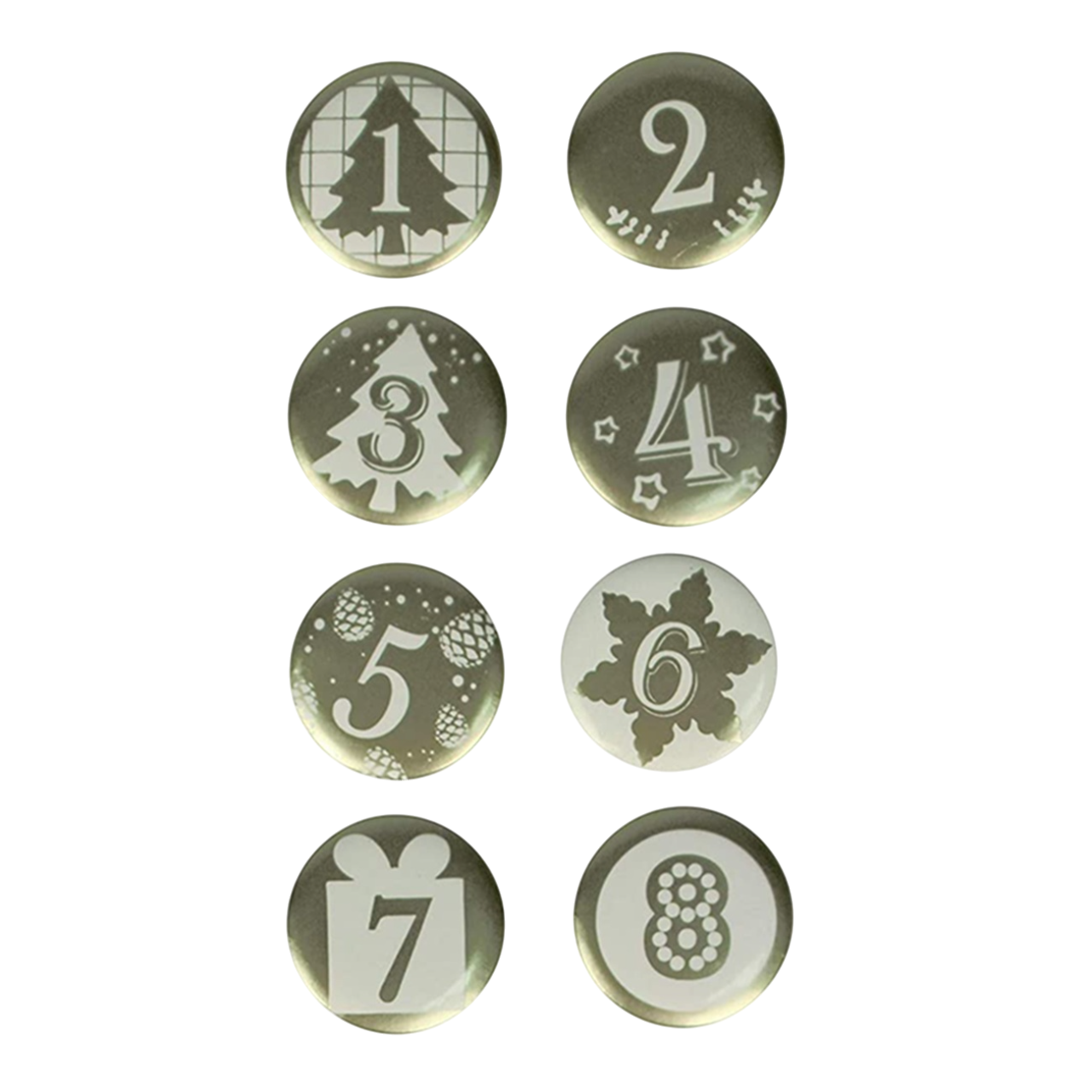 badges calendrier de l’Avent en métal doré et blanc. Canocea France