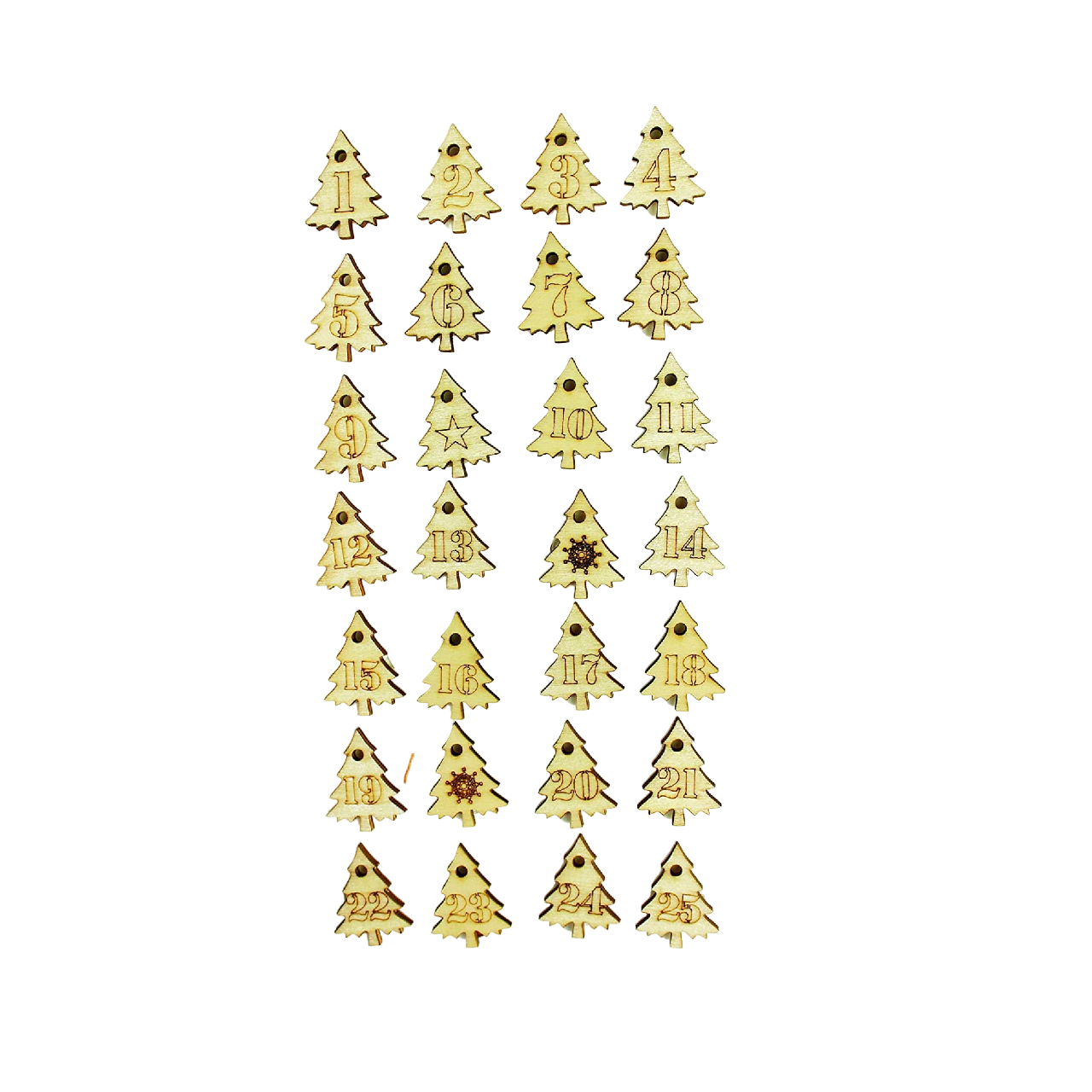 Embellissement sapins en bois 24 numéros - 28 pièces - de 2,5 cm - calendrier de l'avent