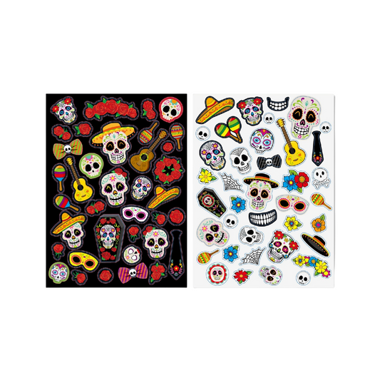 Gommettes Halloween pour la fête des morts contenant guitare, tête de mort déguisée, castagnette, sombrero. Canocea France