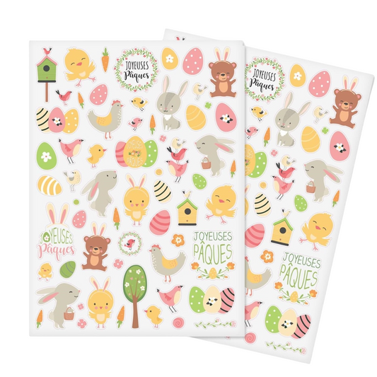 Gommettes Joyeuses Pâques – 124 autocollants colorés avec lapins, œufs et poussins de 0,5 à 5 cm pour activités créatives et décorations festives - canocea