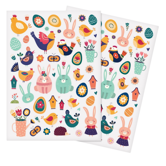 Gommettes Au pays de Pâques – 108 autocollants colorés avec lapins, œufs, cloches et fleurs de 0,5 à 5,4 cm pour activités créatives et décorations festives - canocea