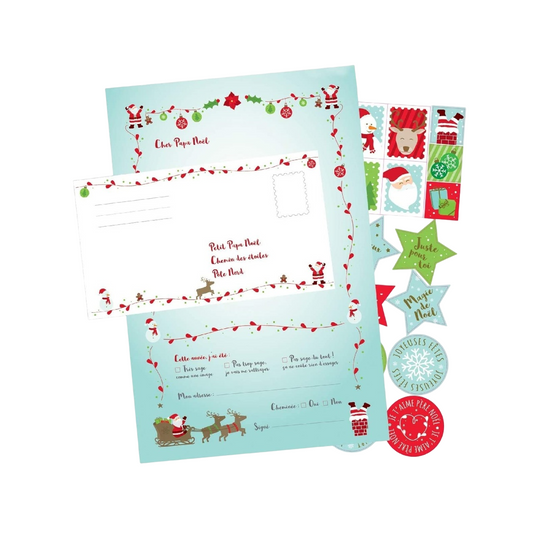 Set de papier à lettre Père Noël avec 6 papiers, 6 enveloppes et 15 stickers festifs. Canocea France