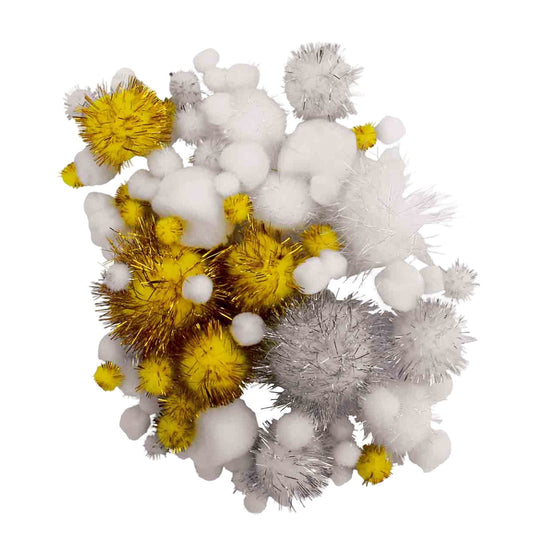 Lot de 100 pompons métallisés blanc, argent et or, tailles assorties de 0,8 à 4,5 cm, pour décorations de Noël et activités créatives DIY. Canocea France