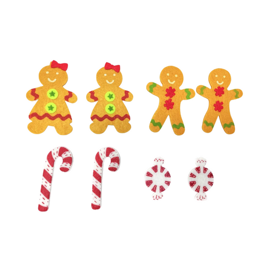 Stickers adhésifs bonhomme pain d'épice et bonbons - feutrine  - 8 pièces - De 2 cm à 6,2 cm