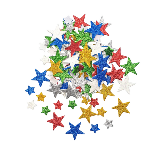 Stickers adhésifs étoiles - mousse pailletée  - 216 pièces - 3 tailles de 1,2 à 3,2 cm