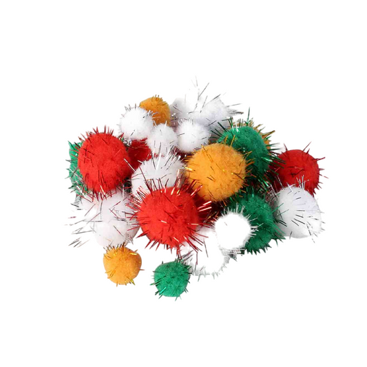 Lot de 72 pompons métallisés rouge, vert et blanc, tailles assorties de 1,5 à 3,5 cm pour décorations festives et loisirs créatifs. Canocea France