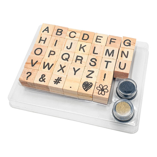 Set 33 tampons alphabet bois avec encreur noir et argenté – loisirs créatifs. Canocea France