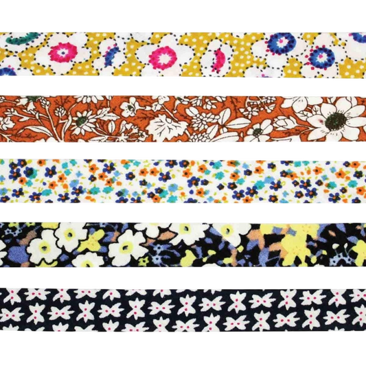 Biais coton - motif fleurs bleu/jaune -5 rubans - 1 cm x 1 m