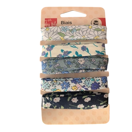 Biais coton - motif fleurs bleu/vert -5 rubans - 1 cm x 1 m