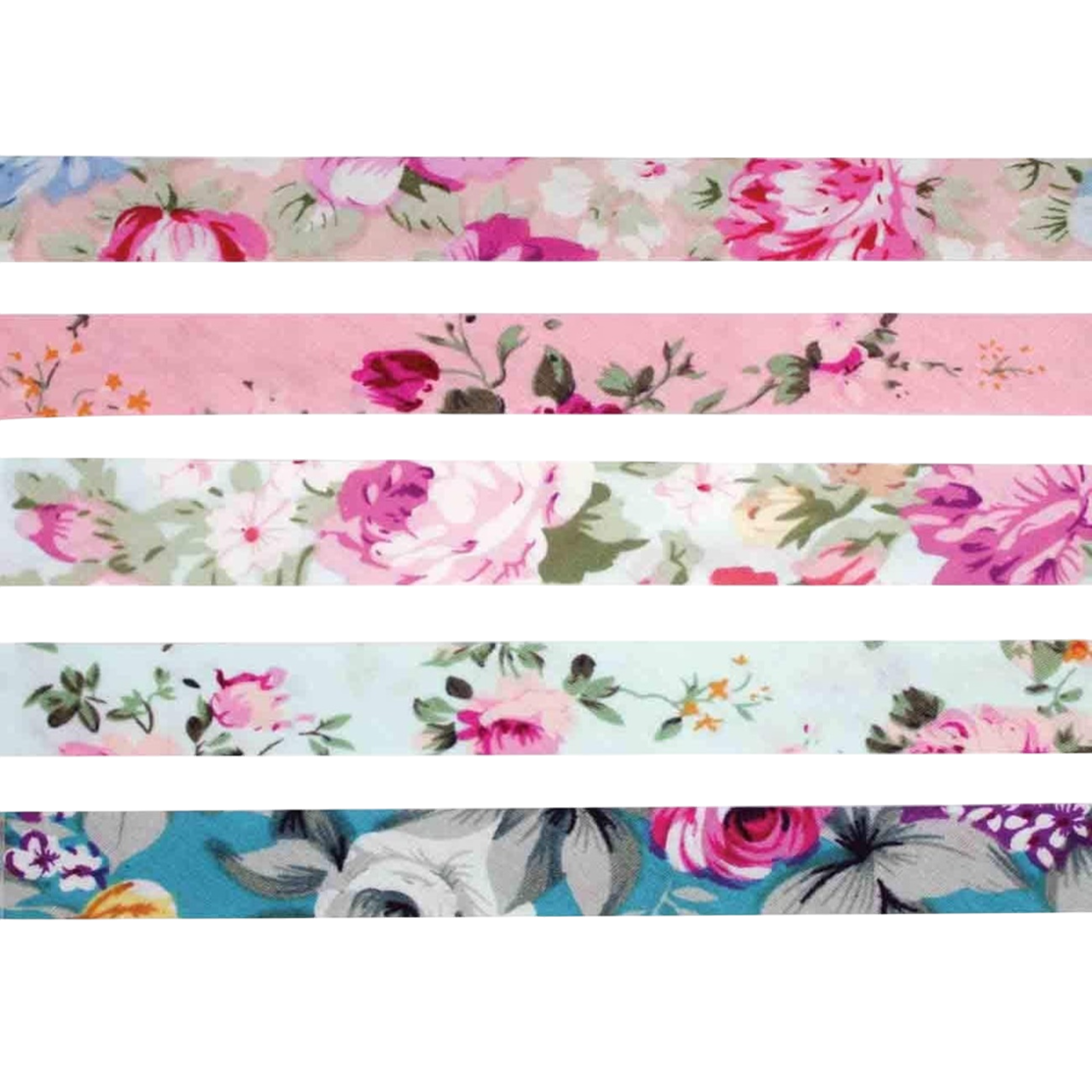 Biais coton - motif fleurs pastel - 5 rubans - 1 cm x 1 m