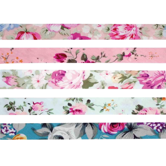 Biais coton - motif fleurs pastel - 5 rubans - 1 cm x 1 m