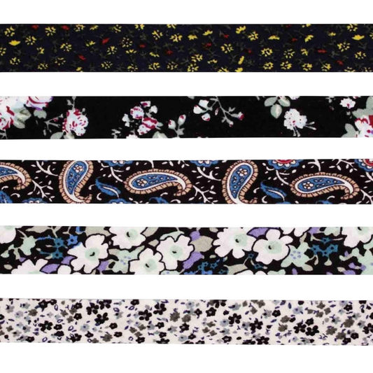 Biais coton - motif fleurs noir/blanc - 5 rubans - 1 cm x 1 m