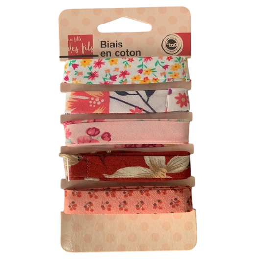 Biais coton - motif fleurs rose/rouge - 5 rubans - 1 cm x 1 m