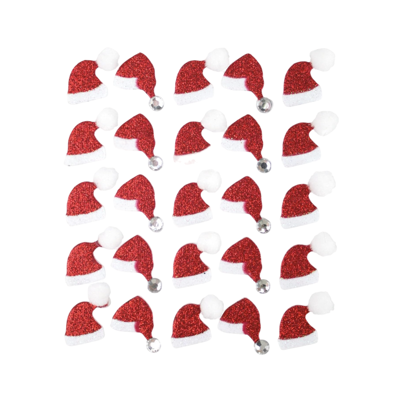 Stickers adhésifs pailletés bonnets de Père noël relief - mousse - 25 pièces - de 2 x 1,5 cm