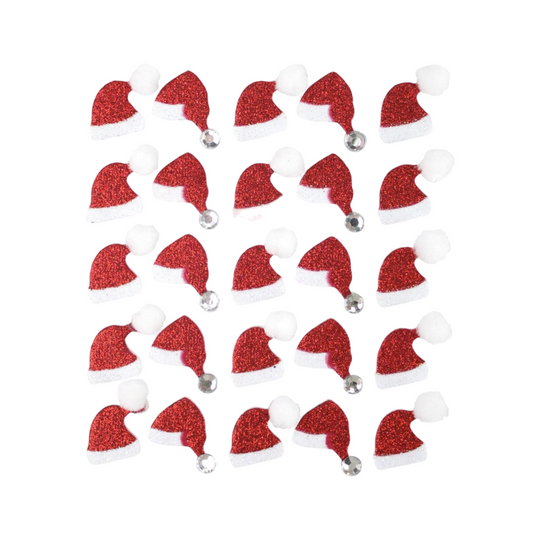 Stickers adhésifs pailletés bonnets de Père noël relief - mousse - 25 pièces - de 2 x 1,5 cm