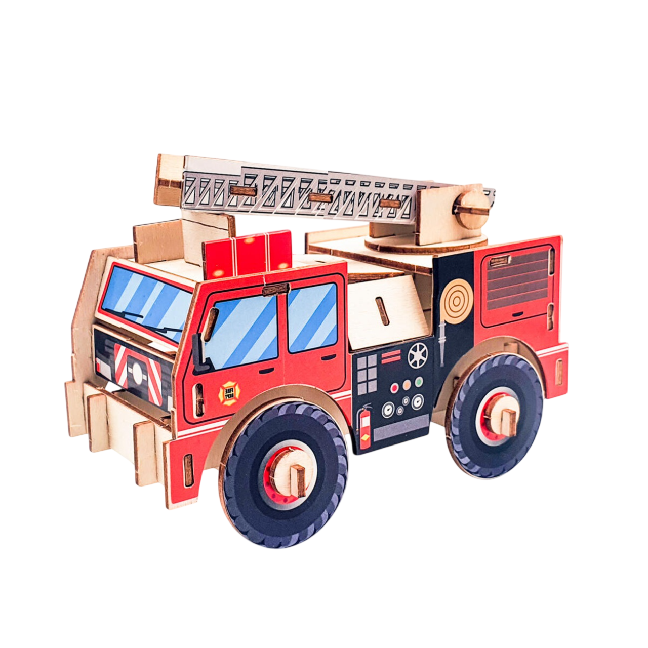 Maquette en bois 3D camion de pompiers avec stickers. Canocea France