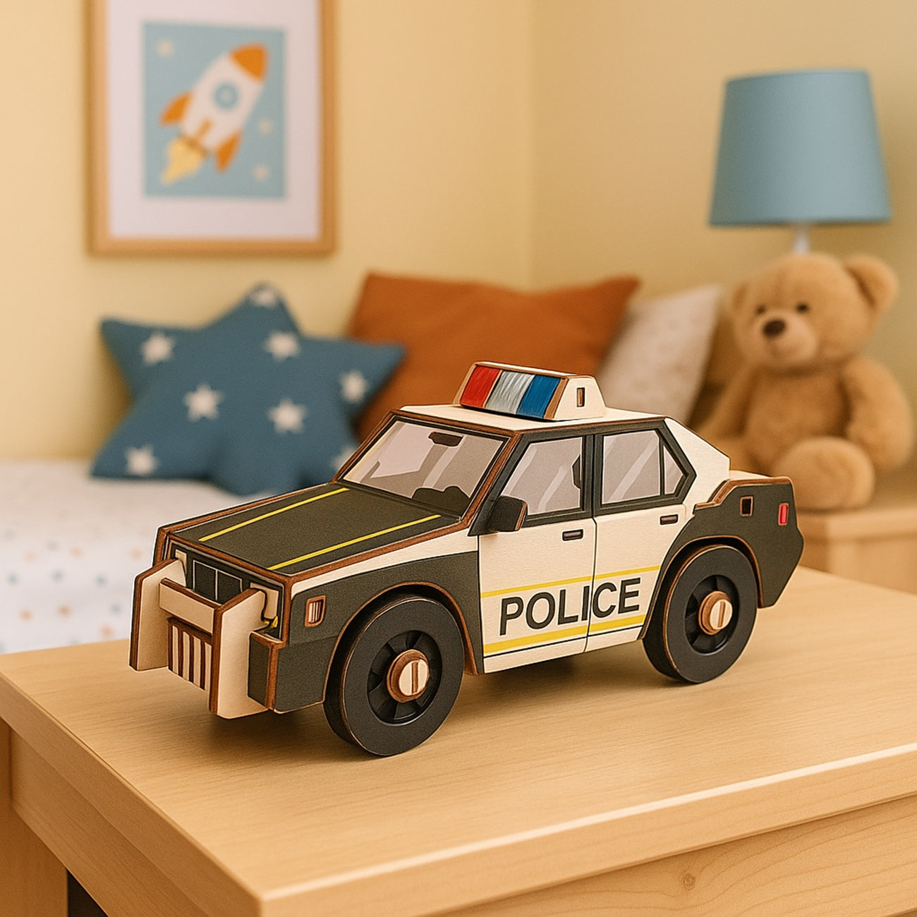 Maquette bois 3D enfant – voiture de police montée. Canocea France