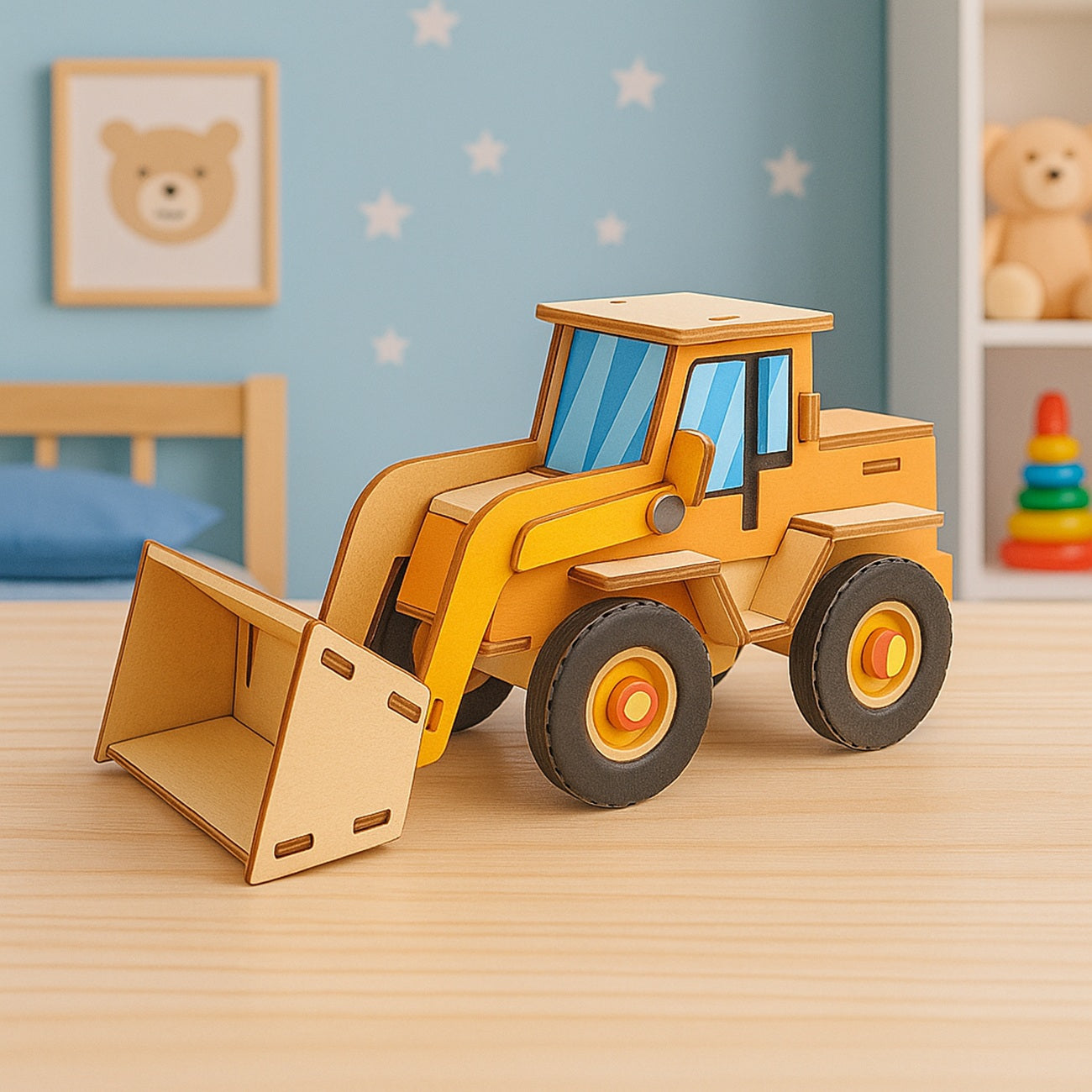 Maquette bois 3D enfant – tractopelle monté. Canocea France