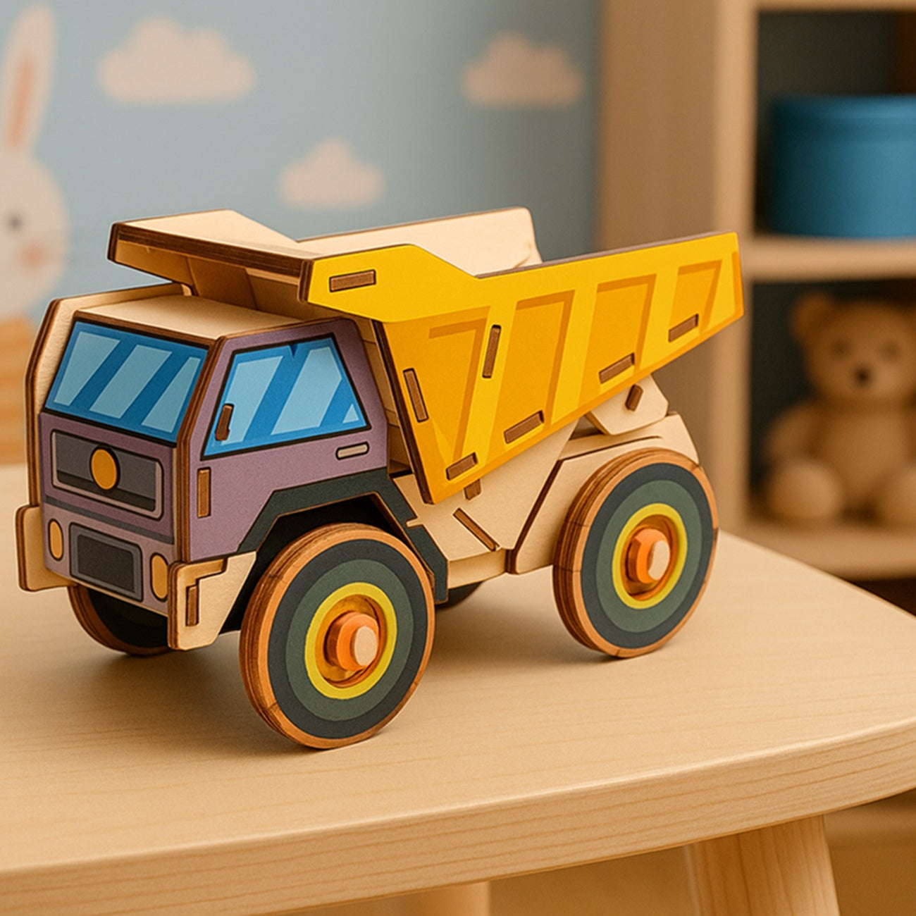 Maquette bois 3D enfant – camion benne monté. Canocea France