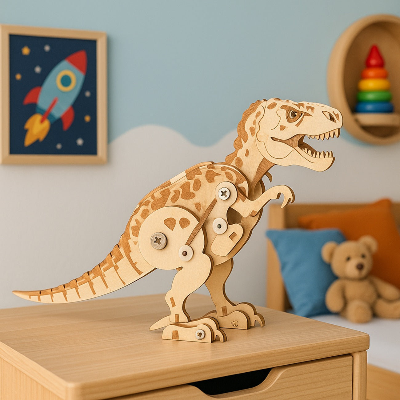 Détails des pièces en bois maquette dinosaure T-Rex. Canocea France