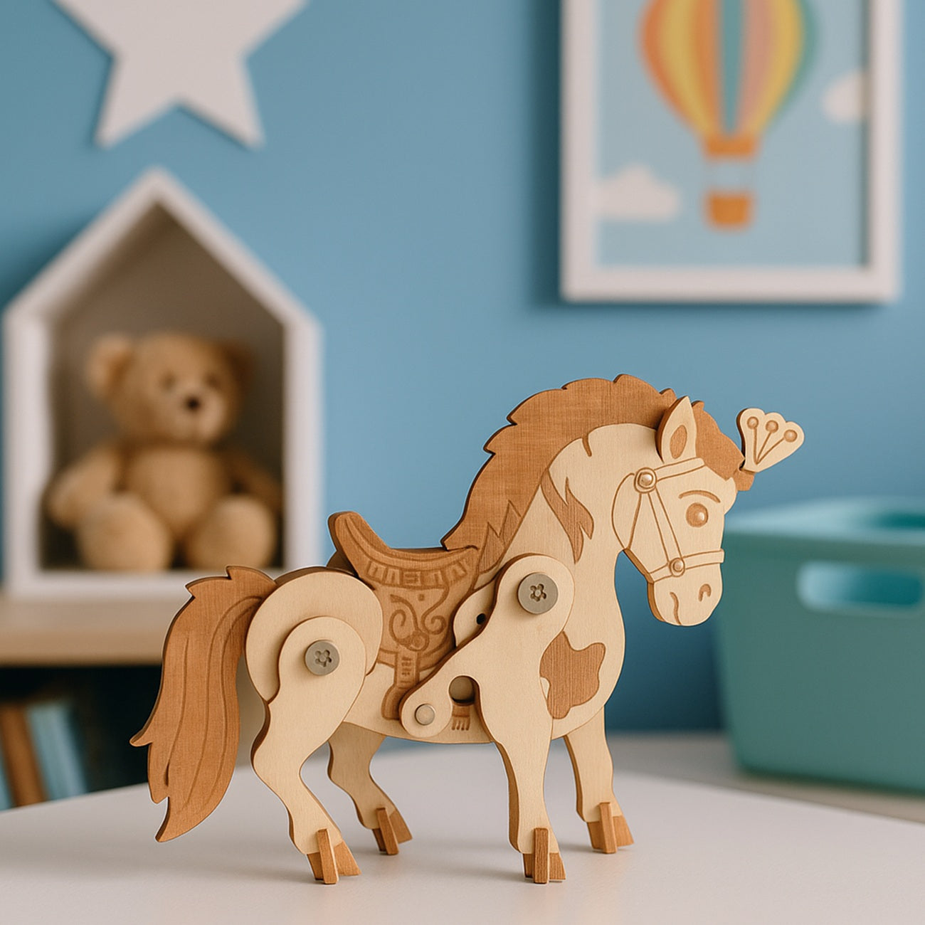 Pièces en bois maquette cheval 3D – 25 pièces. Canocea France