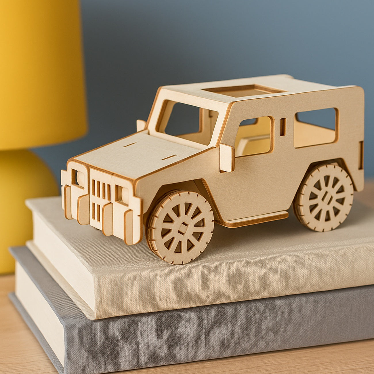 Voiture 4x4 en bois montée – maquette 3D décorative. Canocea France