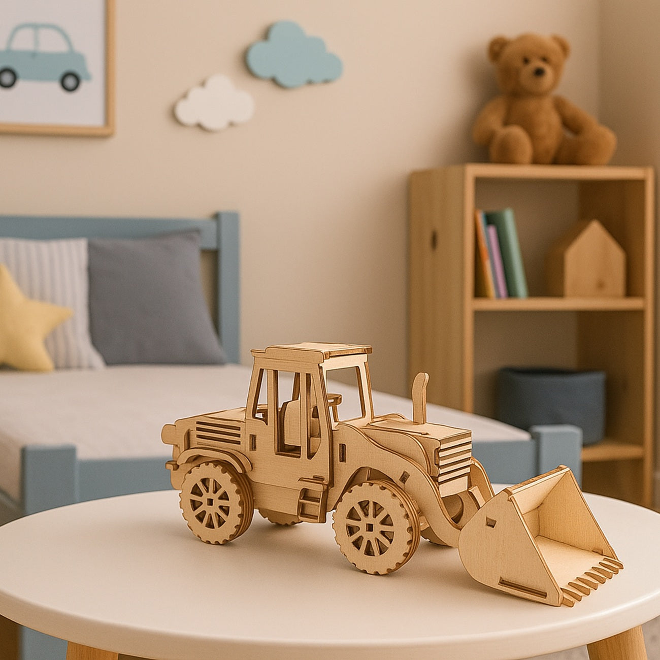 Tractopelle en bois 3D – maquette DIY 40 pièces. Canocea France