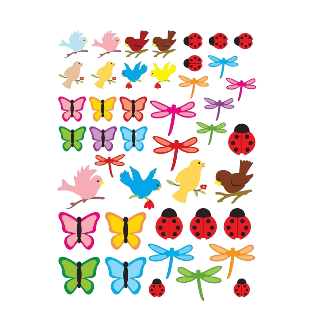 Assortiment de stickers pour fêter le printemps, composés d'oiseaux, coccinelles, libellules, papillons, pour vos travaux manuels diy. Canocea France