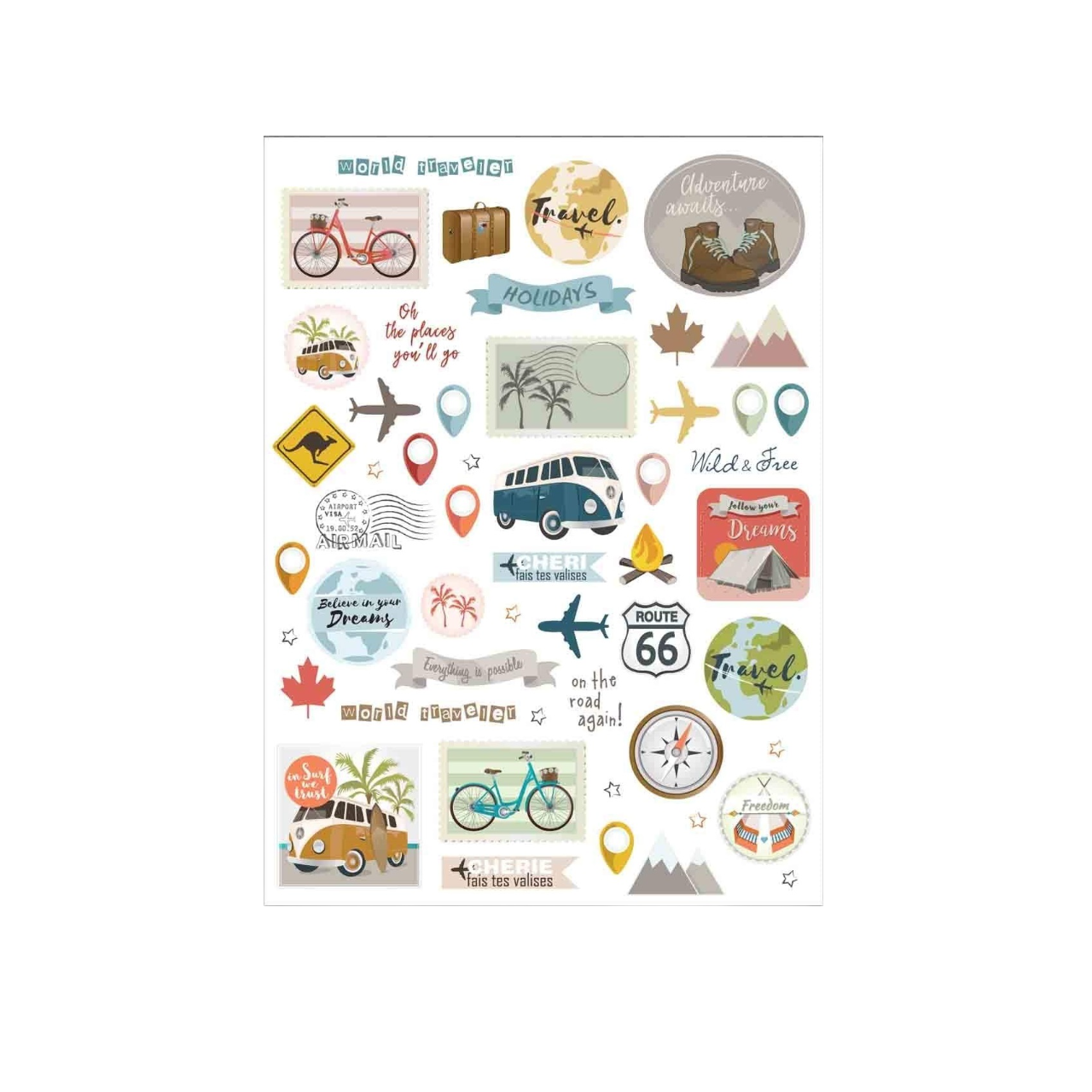 Gommettes voyages - 104 pièces - de 0,5 à 4,5 cm