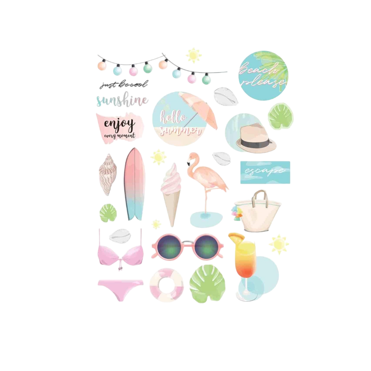 Gommettes hello summer été - 54 pièces - de 1 à 6 cm