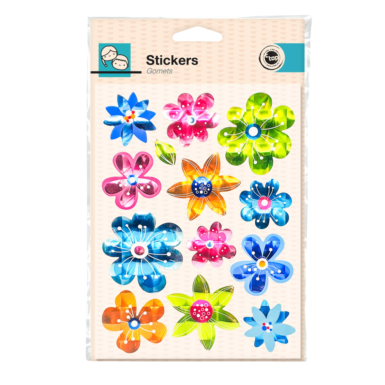 Lot de 13 stickers fleurs holographiques tailles variées. Canocea France