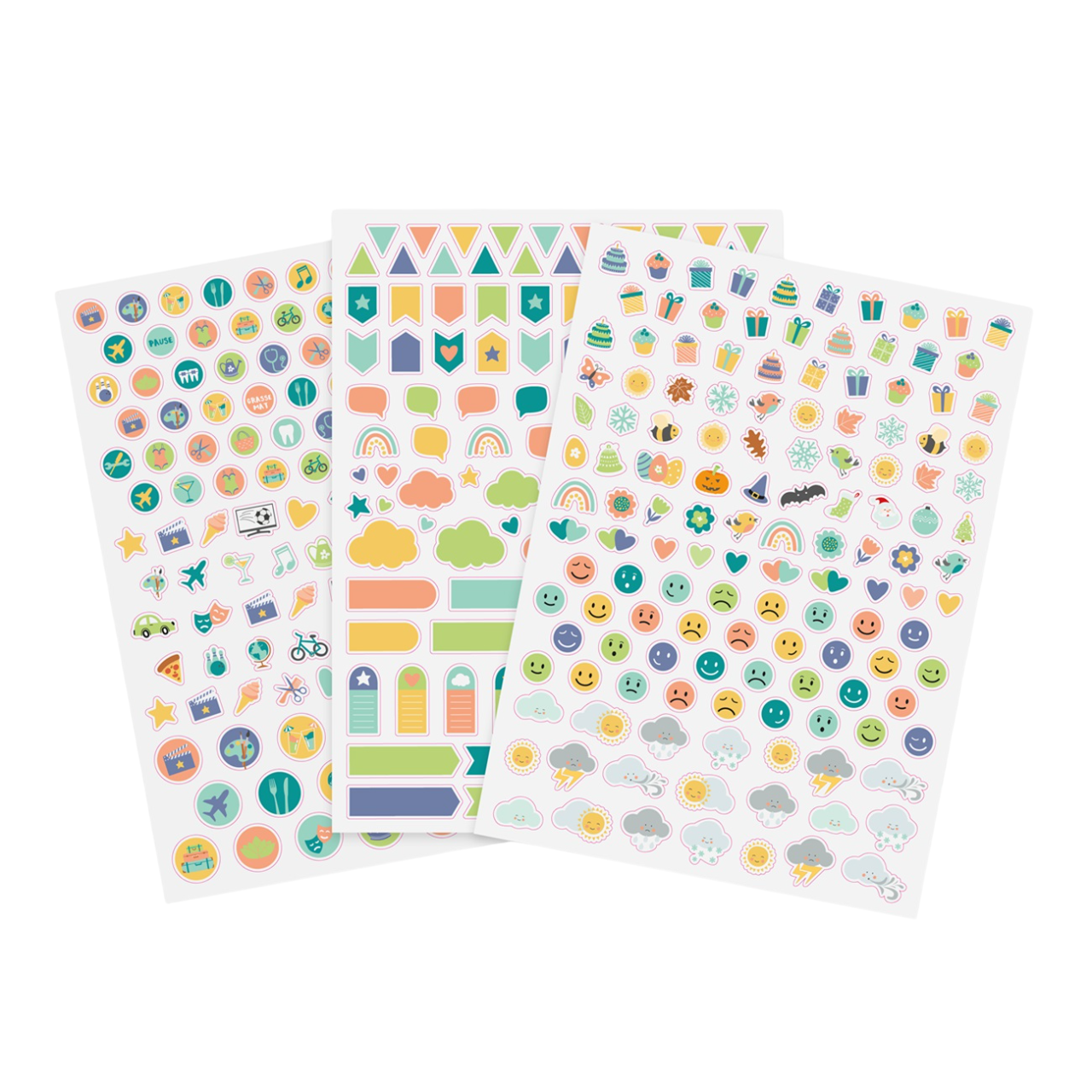 set de 363 autocollants, sur le thème météo, anniversaire, humeur, déplacement, voyage, rendez vous, pour la mise en place d'un agenda. Canocea France