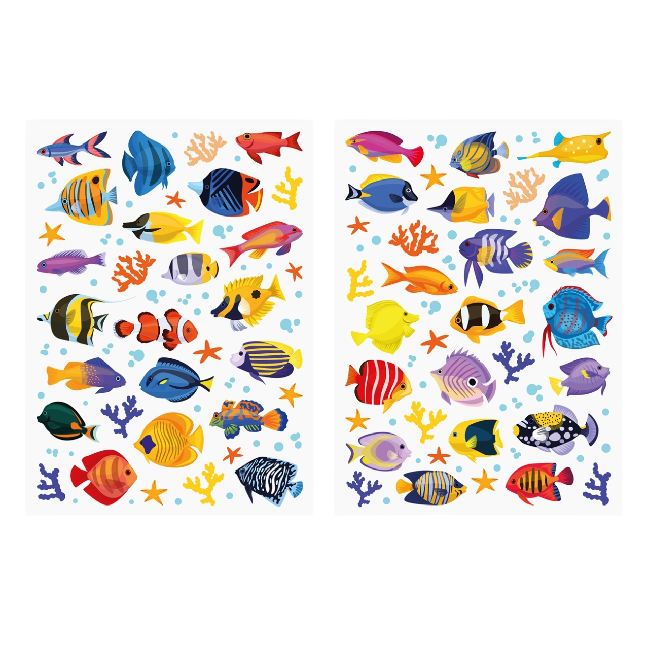 Planche de gommettes réalistes représentant différentes espèces de poissons, tailles de 0,4 à 4,2 cm, sur fond blanc. canocea