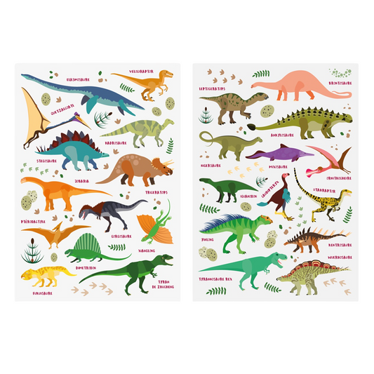 Lot de 105 gommettes dinosaures colorées avec leur nom, tailles variées de 0,5 à 6 cm. Canocea France