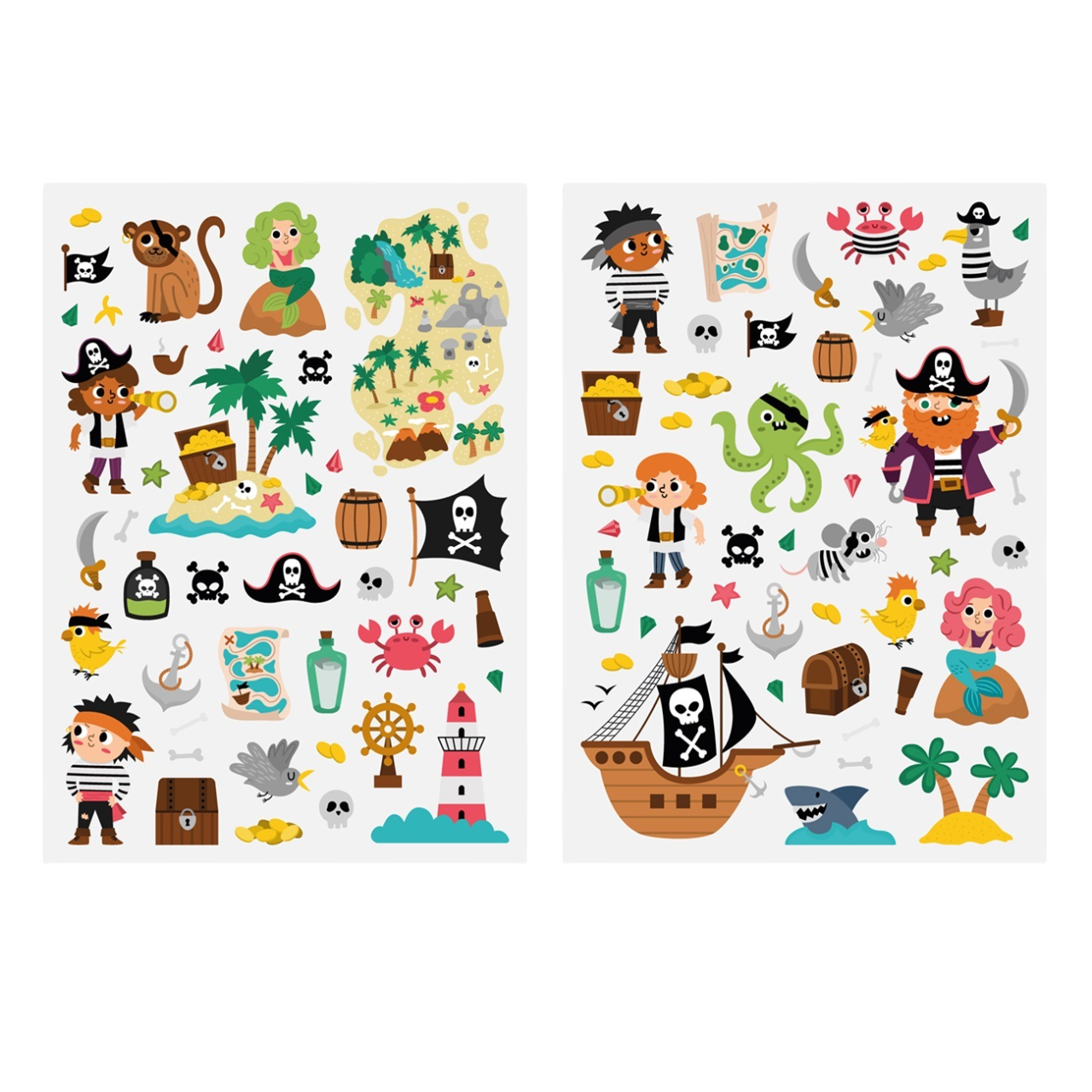 Planche de gommettes colorées sur le thème des pirates : bateaux, trésors, personnages et animaux marins, tailles de 0,8 à 8,6 cm, sur fond blanc. canocea